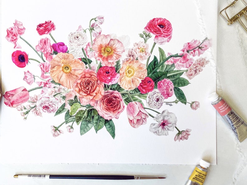 Melodious, Floral WATERCOLOR BOUQUET, Floral Print, Handmade Home Decor, Watercolor Painting image 1