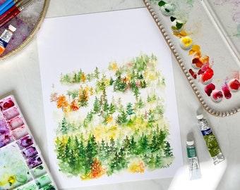 Misty Pines WATERCOLOR Print, Home Decor, Artwork