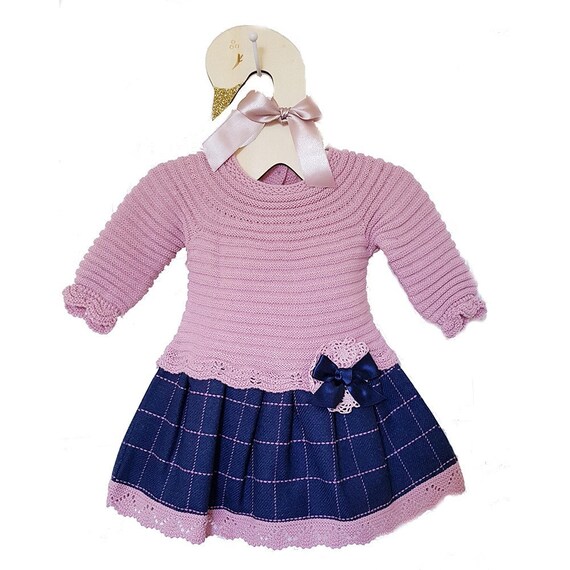 FoxyHatsUK Traditional Romany Spanish Style Dusty Pink Yoke Knitted Dress with Navy/Pink Check Skirt Size 0-3 Months