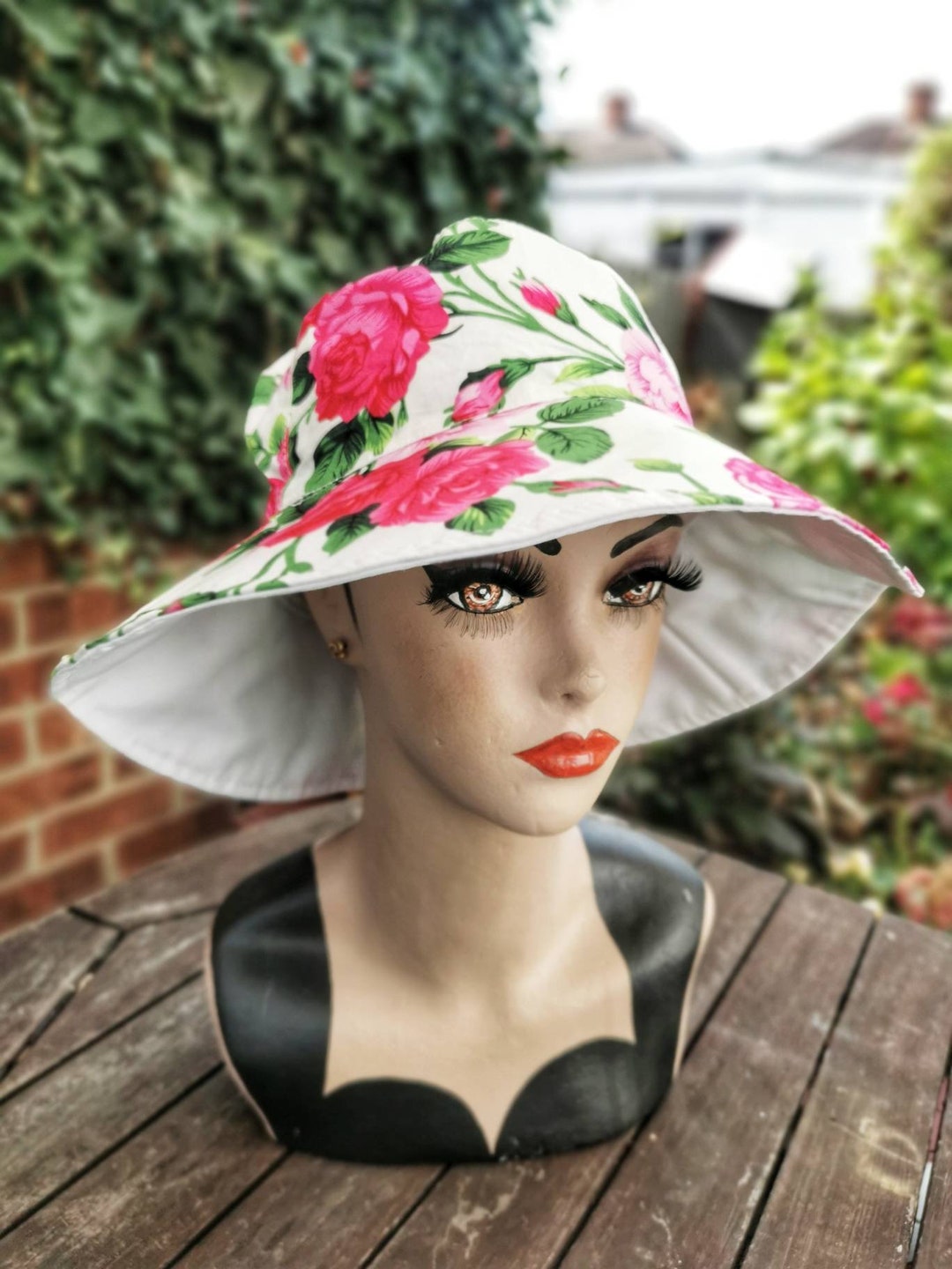 Pink Floral Rose Sumer Reversible Floppy Cotton Hat Wide Brim Hat ...