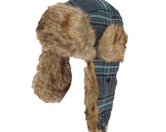 Ladies Checked Trapper Hat with faux fur trim