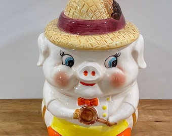 Kitschy Lefton Pig Chef Cookie Jar with Replacement Lid, Red Foil Label on Bottom