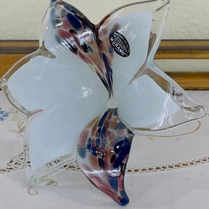 Murano Style Art Glass Flower: White & Purple Cristalleria Arzanese, Italy