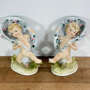 Lefton Bisque Cherub Angels with Wings and Floral Banners, Set of 2, Both Included