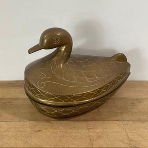 Brass Duck Trinket Box, Duck Shaped Brass Box, Lidded 2 Piece Dish, Jewelry Box