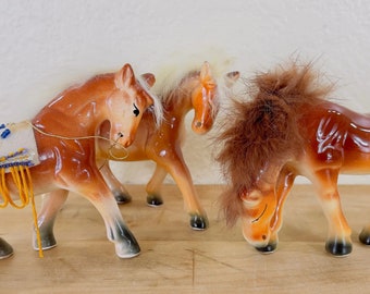Enesco Ceramic Horse Figurines with Rabbit Fur Manes - Made in Japan - Set of 3, All Included