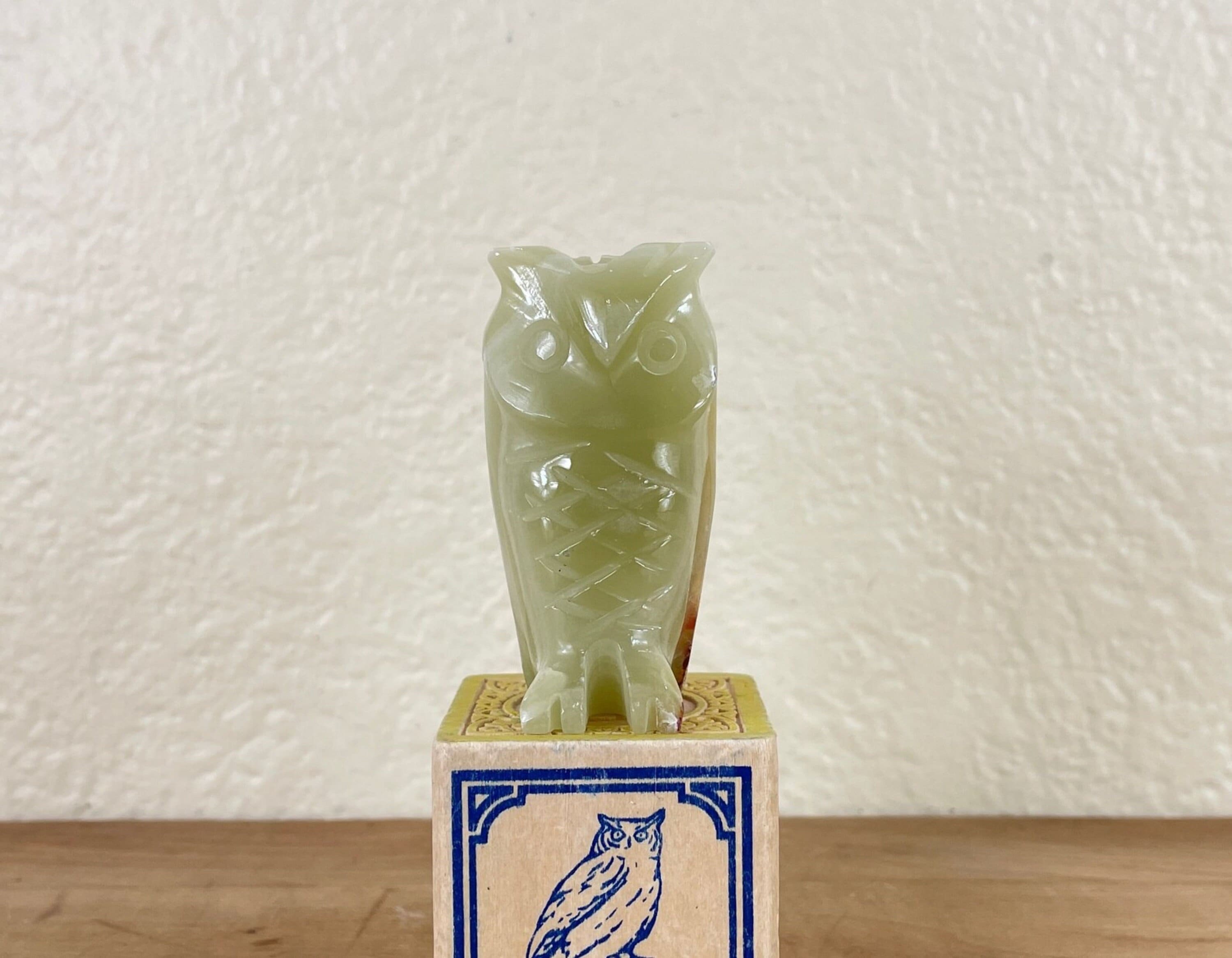 Small Stone Owl Figurine, Decorative Green Marble Onyx Carved Owl