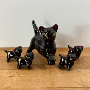 Red Clay / Redware Black Cat Family, Mother Cat and 4 Spotted Kittens, Green Eyed Black Cats, Set of 5, All Included