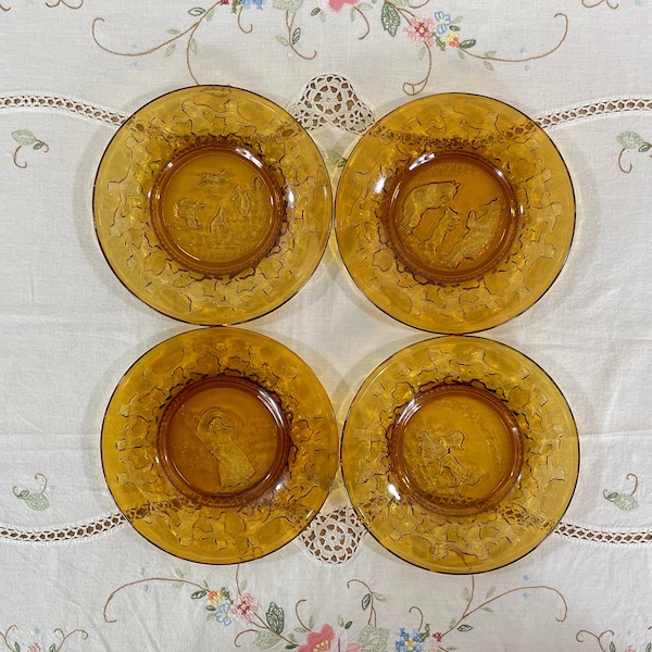 Amber Glass Nursery Rhyme Plate Set by Tiara, Child Nursery Rhyme Themed Amber Glass Plates, Set of 4, All Included