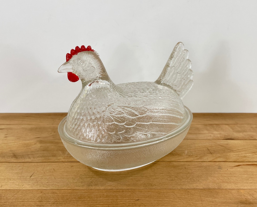 Vintage Clear Glass Chicken/hen on Nest Covered Dish, Clear Glass With