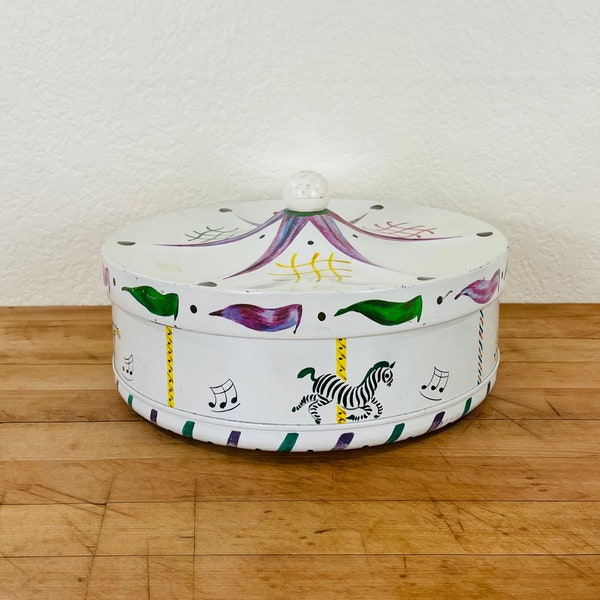 Metal Cookie Tin by Guildcraft New York, USA Circus Tent Carousel Merry Go Round 10" Round Cookie Tin