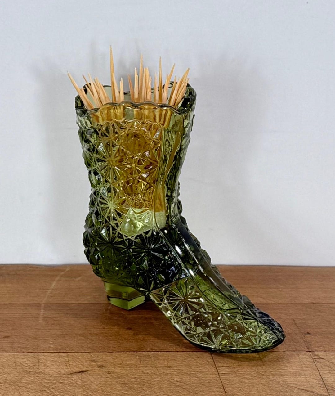 Olive Green Glass Small Decorative Shoe Boot by Fenton, Matchstick ...