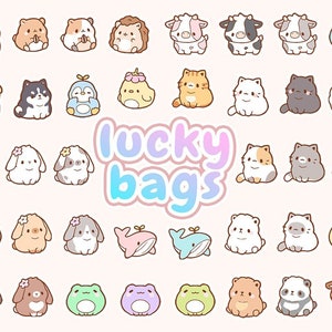 May include: A collection of cute cartoon animal illustrations in various colors, including a penguin, cow, cat, frog, and bunny. The illustrations are arranged in rows and columns on a light pink background. The text "lucky bags" is written in a colorful font at the center of the image.