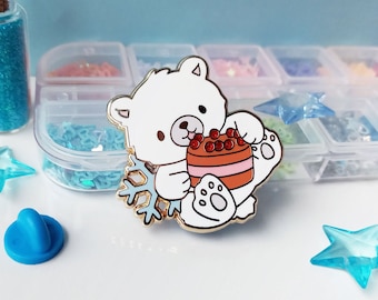 Frosted Beary Cake 1.375" | Dessert Buddies | Cute Polar Brown Bear Hard Enamel Lapel Pin | Snowflake Berries Pastry | Gold Plated