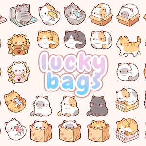 May include: A collection of cute cartoon cat illustrations in various poses. Some cats are in boxes, on laptops, or with fish. The image includes the text "lucky bags" in a pastel color scheme. The cats are in various colors, including white, orange, gray, and black.