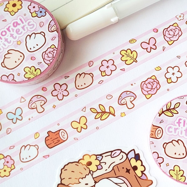 Washi Tape Floral Critters | 15mm x 10m Cute Animal Flower Sakura Bunny Rabbit Leaf Bouquet Mushroom Sunflower Kawaii Roll Stationery Gift