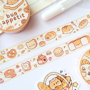 Washi Tape Bun Appétit 15mm x 10m Food Toast Brunch Breakfast Cute Egg Adorable Bear Croissant Pancake Animal Kawaii Roll Stationery Gift Washi Tape