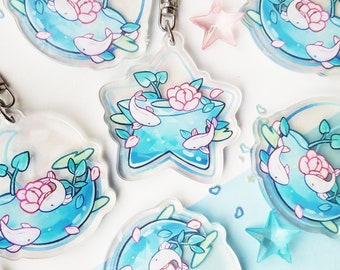 2" Koi Pond Holographic Acrylic Charms | Moon & Star Double-Sided Keychains | Japanese Style Cute Magical Fish Water Plant