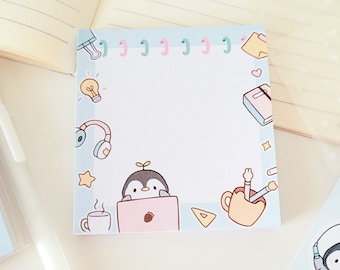 Memopad Productivity 8.5cm x 8.5cm | Cute Adorable Penguin Animal Kawaii Notepad Todo List Music Bujo Work Study Memo Pad Stationery Gift