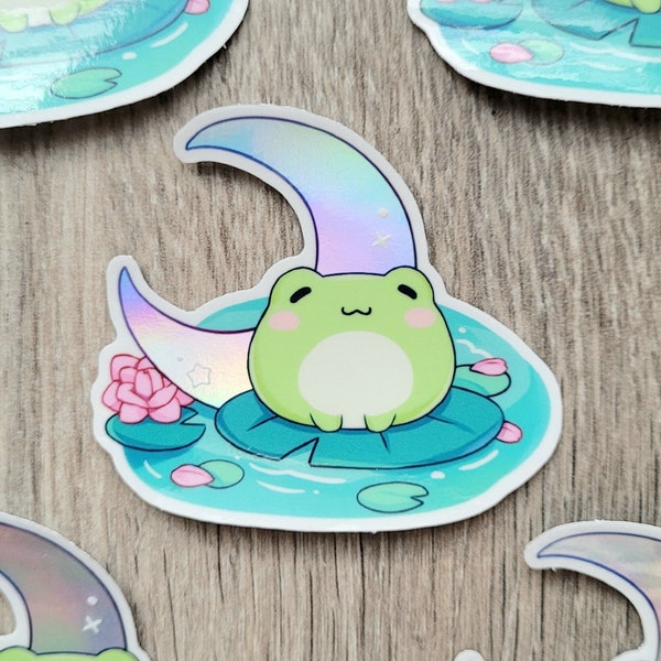 Frog Bunny Moon Pond Holographic Stickers 2.5" | Vinyl Magic Moon & Star Japanese Style Cute Magical Fish Water Waterlily Plant