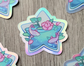 Koi Pond Holographic Stickers 2" | Vinyl Magic Moon & Star Japanese Style Cute Magical Fish Water Plant
