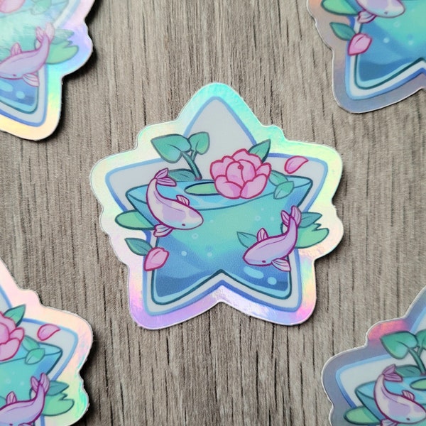Koi Pond Holographic Stickers 2" | Vinyl Magic Moon & Star Japanese Style Cute Magical Fish Water Plant