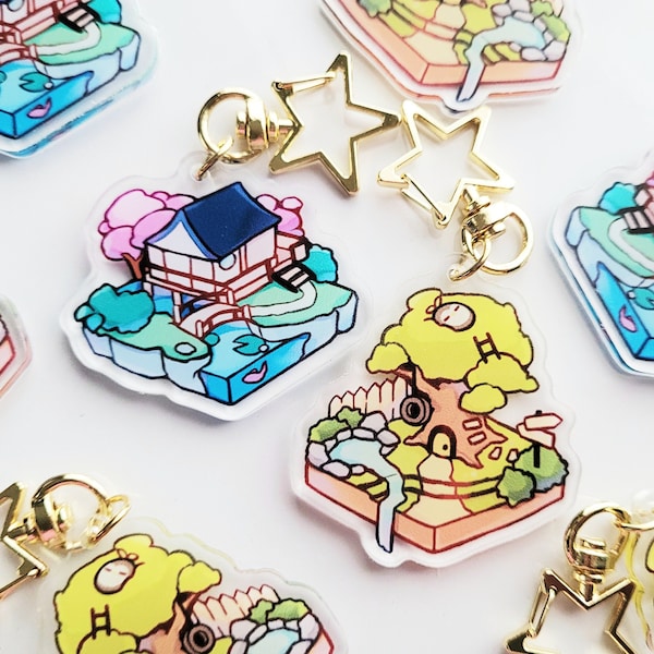 Miniature Worlds 2" Acrylic Charm | Double-Sided Keychains | Animal Pond Nature Landscape Japanese Theme Garden Tree House Gift Set Clasp