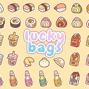 May include: A set of colourful stickers featuring various Japanese snacks and desserts, including sushi, mochi, pocky, and boba tea. The stickers are arranged in a grid pattern and have a cartoonish style. The text "lucky bags" is written in a playful font at the top of the image.
