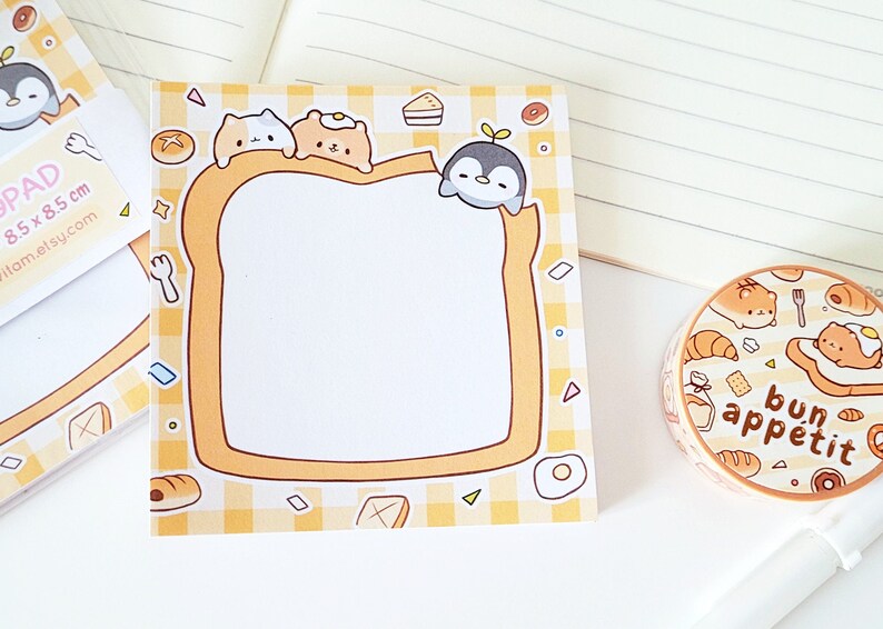 Washi Tape Bun Appétit 15mm x 10m Food Toast Brunch Breakfast Cute Egg Adorable Bear Croissant Pancake Animal Kawaii Roll Stationery Gift Tape+Memopad Bundle