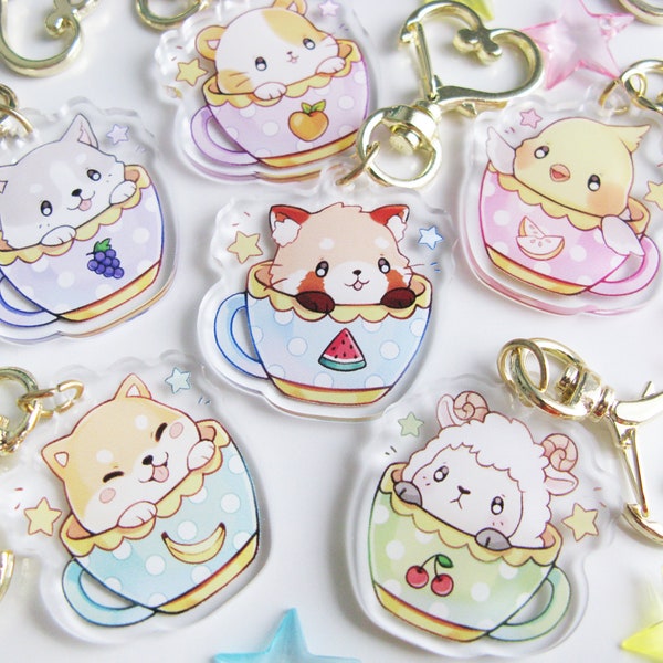 Animal Cup Pals Acrylic Charms 2" | Cute Kawaii Double-Sided Keychains | Red Panda Hamster Ram Shiba Cockatiel Husky