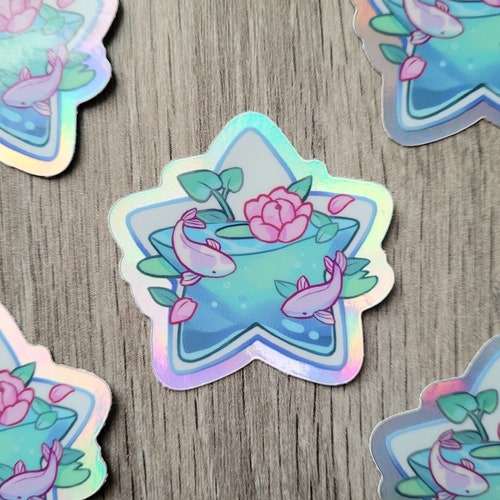Koi Pond Holographic Stickers 2" | Vinyl Magic Moon & Star Japanese Style Cute Magical Fish Water Plant