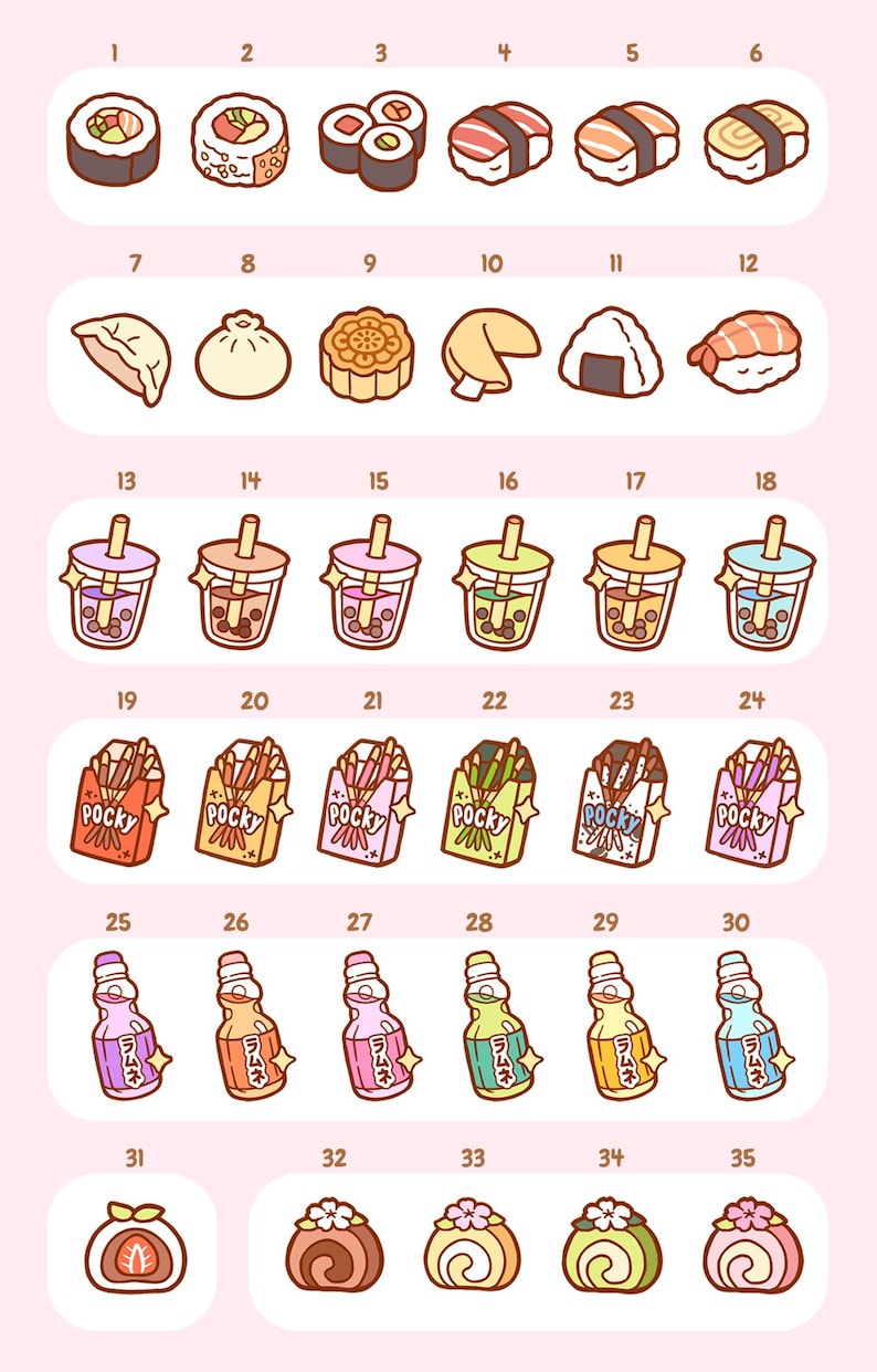 May include: A colorful chart with 35 different Japanese snacks and drinks. The chart is divided into rows and columns, with each item numbered. The items include sushi, dumplings, mooncakes, fortune cookies, onigiri, boba tea, Pocky sticks, ramune soda, and mochi.