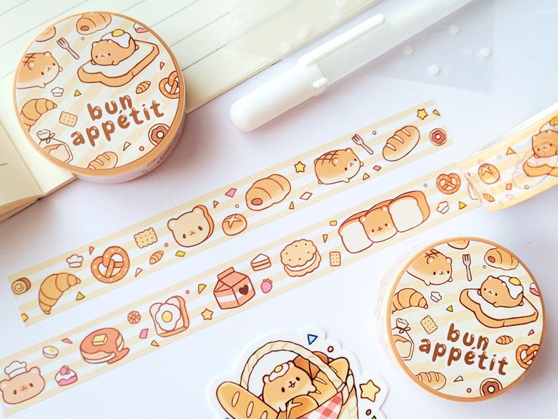 Washi Tape Bun Appétit 15mm x 10m Food Toast Brunch Breakfast Cute Egg Adorable Bear Croissant Pancake Animal Kawaii Roll Stationery Gift Washi Tape