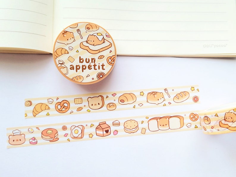 Washi Tape Bun Appétit 15mm x 10m Food Toast Brunch Breakfast Cute Egg Adorable Bear Croissant Pancake Animal Kawaii Roll Stationery Gift image 4