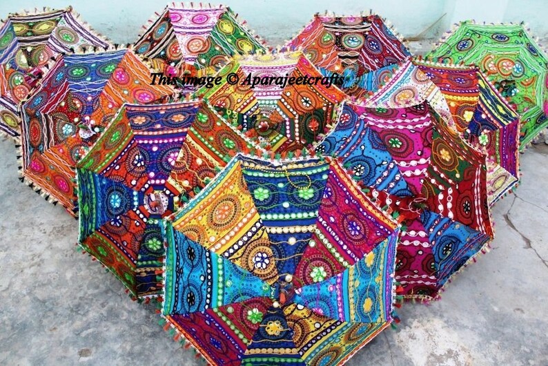 Wholesale Lot Indian Wedding Umbrella Decoration Mirror Work Vintage Parasols Handmade embroidery Elephant Umbrella Decorations Umbrellas