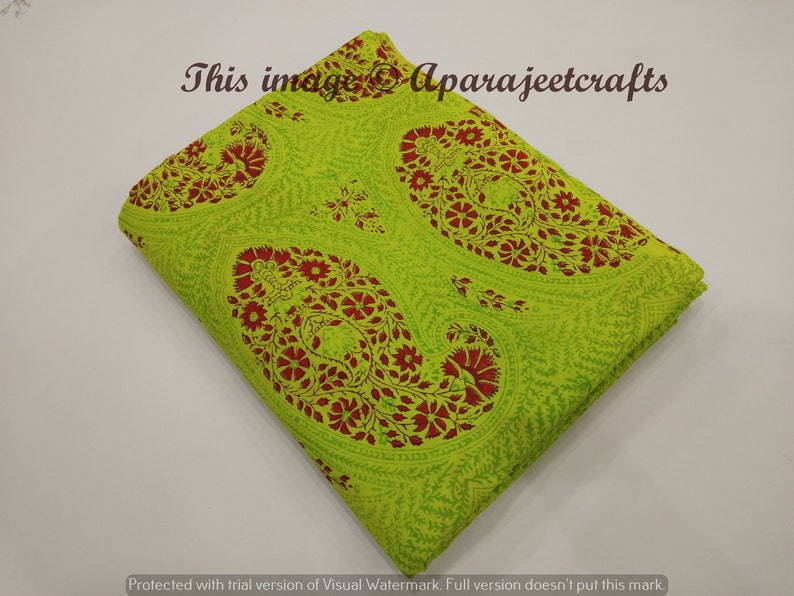 5 Yard Sanganeri Green Floral Hand Block Cotton India Craft Sewing Boho Fabric
