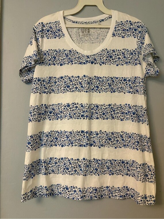 Liberty of London White and Blue Floral Stripe Scoop Neck Tee View 3