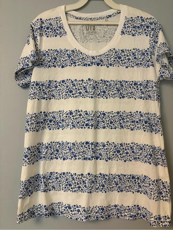 Liberty of London White and Blue Floral Stripe Scoop Neck Tee