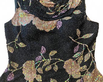 Andretta Donatello Elegant Silk Floral Beaded/ Sequenced Black Top