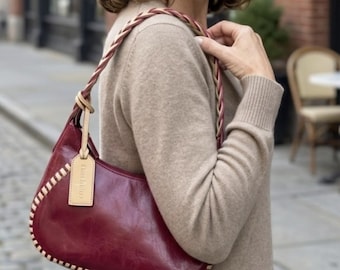 Kenneth Cole Vintage Burgundy Leather Handbag with Beige Braided Detailing