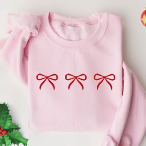 Embroidered Christmas Sweatshirt for Women, Pink Bow Christmas Sweatshirt, Bow Coquette Embroidery Sweatshirt, Holiday Gift Crewneck Sweater