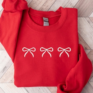 Embroidered Bow Christmas Sweatshirt, Christmas Sweatshirt for Women, Red Bow Coquette Embroidery Sweatshirt, Holiday Gift Crewneck Sweater