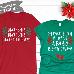 Couples Christmas Pregnancy Announcement Shirts | Jingle Bells Baby on the Way Mom and Dad to be Tshirts | Funny Baby Reveal Holiday Winter