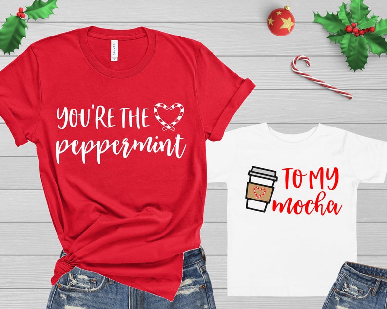 Mommy and Me Christmas Shirts Holiday Outfits | You're the Peppermint to My Mocha | Funny Matching Mother Daughter Tshirts Baby Toddler Girl 