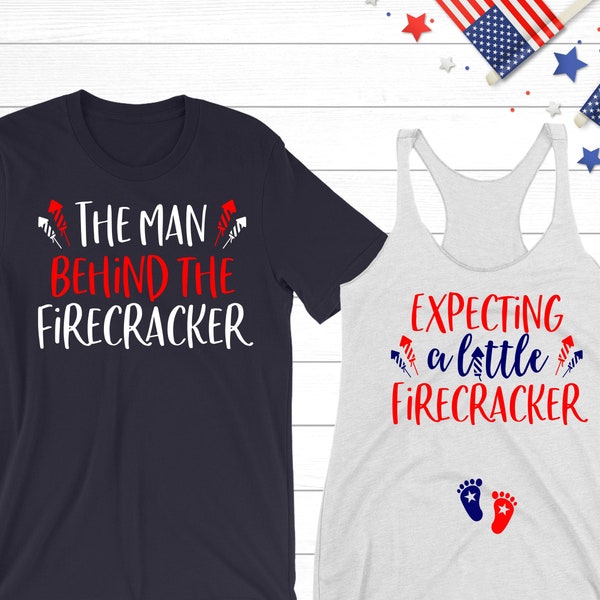 Couples 4th of July Pregnancy Announcement Shirts The Man Behind the Firecracker Expecting a Little Firecracker Funny Patriotic Baby Reveal