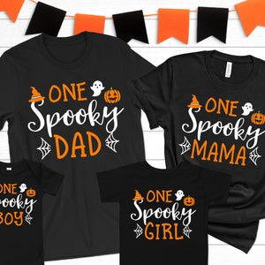 Matching Spooky Halloween Family Shirts | Funny Daddy Mommy and Me Tshirts | One Spooky Family Mom Dad Boy Girl Baby Toddler Kids Tee