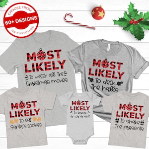 Matching Family Christmas Shirts Most Likely To Superlative Funny Buffalo Plaid Holiday Outfit Mom Dad Baby Toddler Kid Friends Group Tshirt