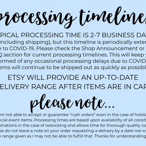 May include: A light blue graphic with the words "processing timelines" in a cursive font. The text explains typical processing times, potential delays, and Etsy's delivery range. It also notes the inability to accept rush orders.