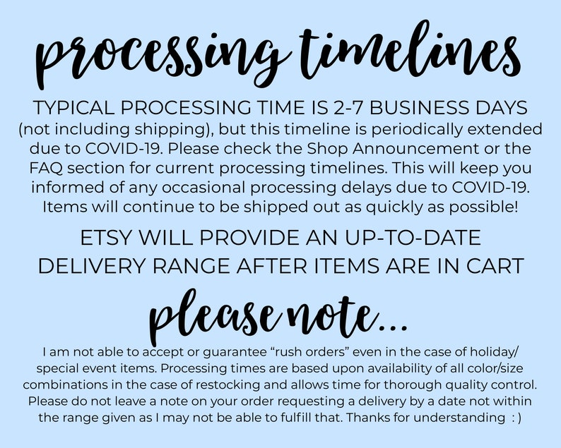 May include: A light blue graphic with the words "processing timelines" in a cursive font. The text explains typical processing times, potential delays, and Etsy's delivery range. It also notes the inability to accept rush orders.
