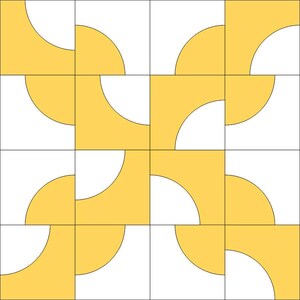 May include: A geometric pattern featuring a grid of sixteen squares. Each square is divided into two colors: white and yellow. The yellow sections form curved shapes, creating a repeating design. The overall effect is a modern, abstract composition.